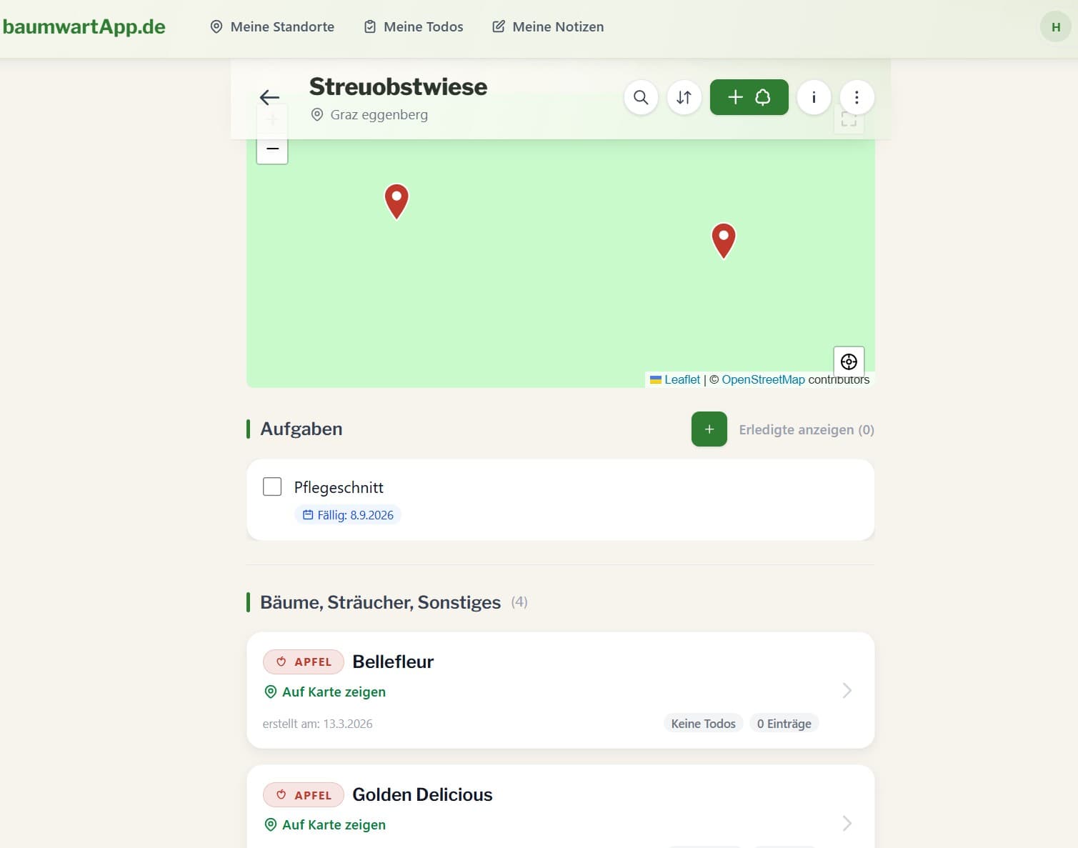 Standortübersicht in der Weboberfläche von baumwartApp.de mit Karte, Aufgaben und Baumliste